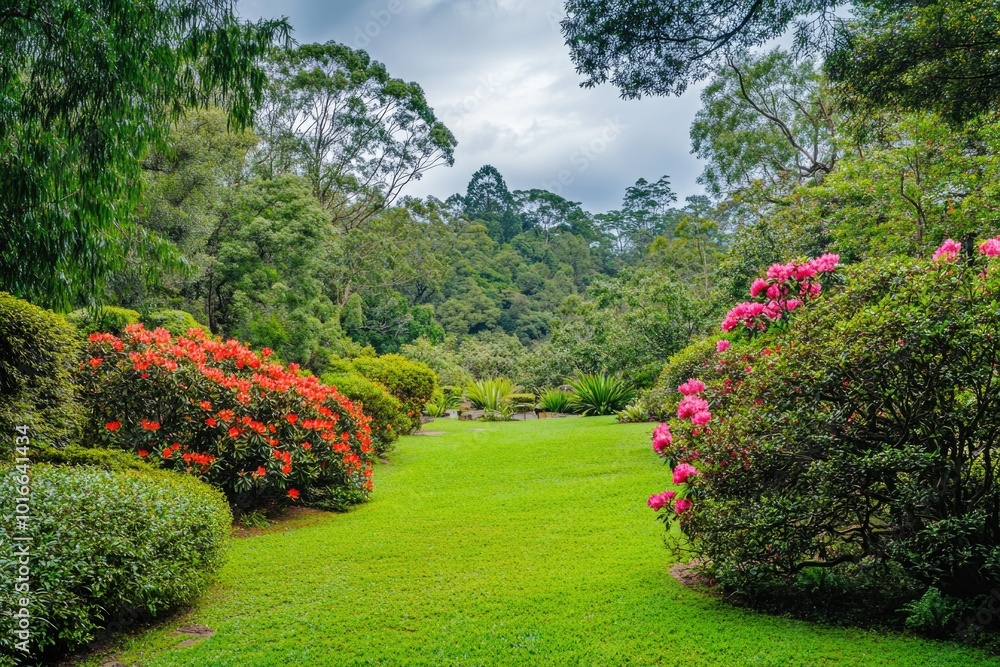 Obraz premium A beautiful outdoor space filled with blooming flowers and lush greenery, perfect for a peaceful stroll or romantic picnic.