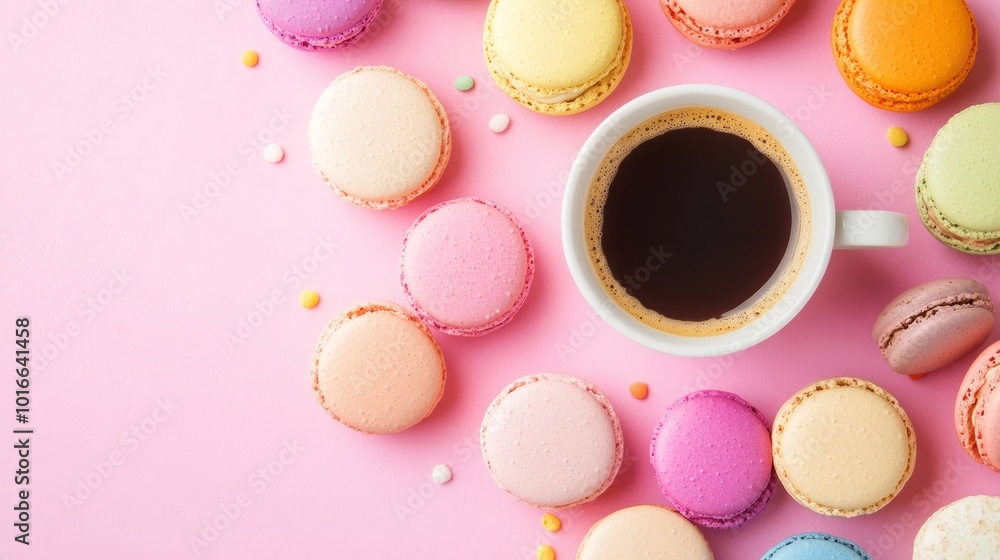 Fototapeta premium A colorful display of macarons with a cup of coffee.