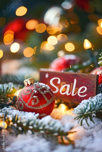 Christmas decorations with sale sign and red bauble knit hanging on a display. photo