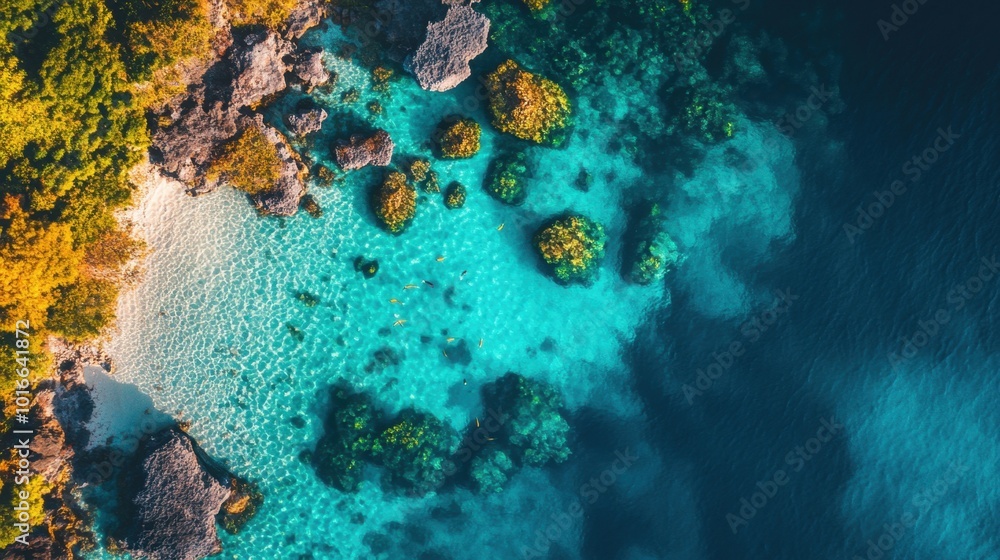 Fototapeta premium A stunning aerial view of a sea blue tropical reef, with intricate details of coral and fish swimming in the crystal-clear waters.