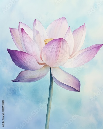 A delicate watercolor painting of a lotus flower with soft pink and purple petals, gently blending into one another, set against a light blue background, creating a serene and calming effect