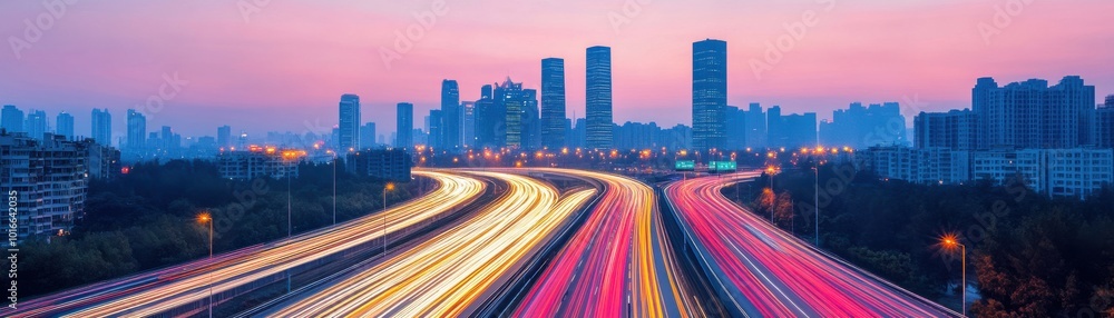 Vibrant city skyline at dusk, featuring light trails on a busy highway, creating a dynamic urban atmosphere. Vibrant city skyline at dusk, featuring light trails on a busy highway, creating a dynamic urban atmosphere.