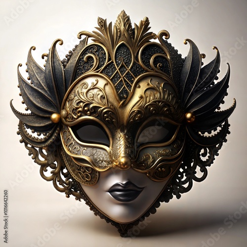 Ornate gold and black masquerade mask with intricate baroque design