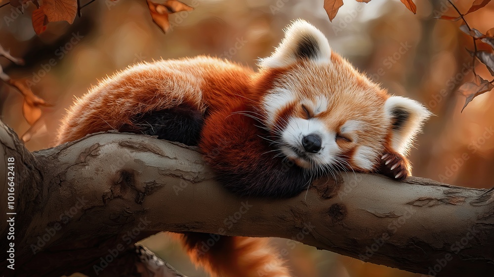 Fototapeta premium Cute red panda peacefully sleeping on a branch.
