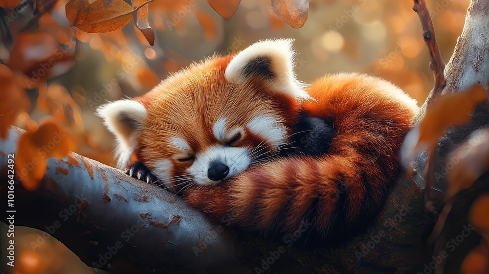 Obraz premium Sleeping red panda curled up in the forest.