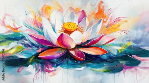 A contemporary abstract lotus illustration with bold strokes and vivid colors, focusing on expressive shapes and movement rather than realistic detail