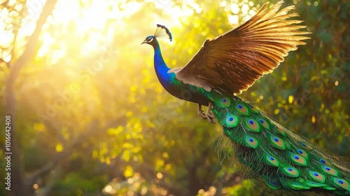 Peacock in Flight with Sunlit Forest photo