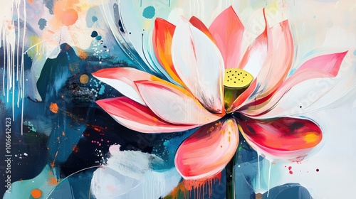 A contemporary abstract lotus illustration with bold strokes and vivid colors, focusing on expressive shapes and movement rather than realistic detail