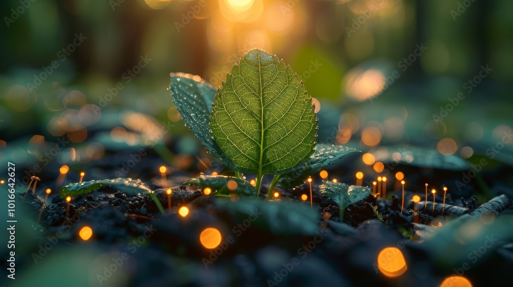 Harmony of Technology and Nature: Illuminated Leaf with Dew Drops in Sunlit Forest Harmony of Technology and Nature: Illuminated Leaf with Dew Drops in Sunlit Forest