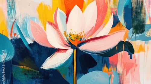 A contemporary abstract lotus illustration with bold strokes and vivid colors, focusing on expressive shapes and movement rather than realistic detail