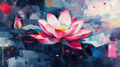 A contemporary abstract lotus illustration with bold strokes and vivid colors, focusing on expressive shapes and movement rather than realistic detail