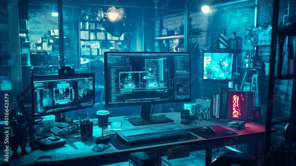 Naklejka premium Modern Digital Learning Workspace with Multiple Screens and Futuristic Technology in a Cozy Home Office