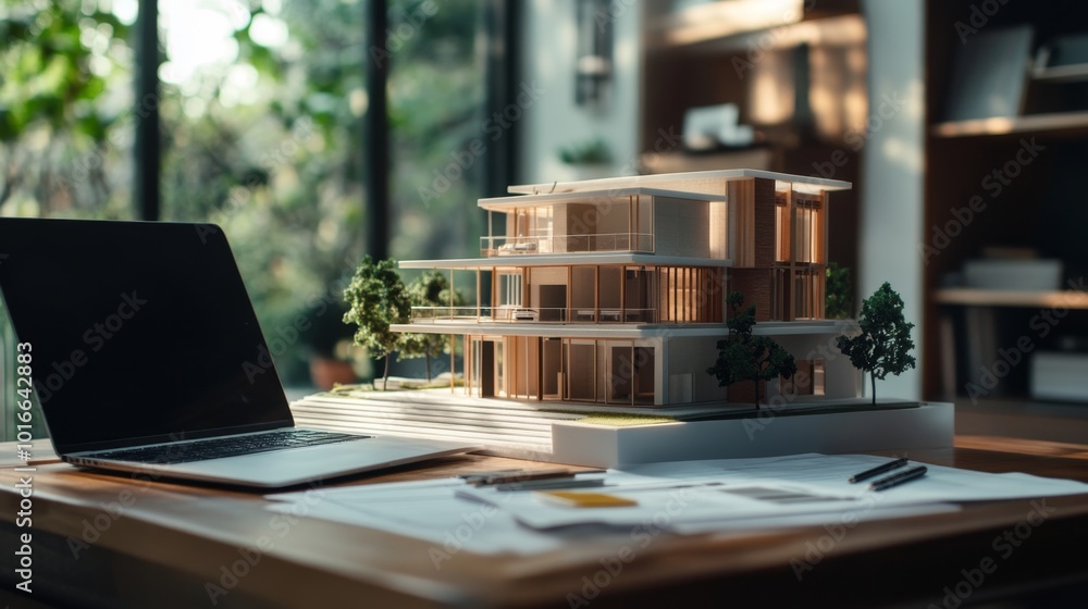 Architectural model on desk with laptop, drawing technical tools and blueprints. Architecture, building, construction and real estate business Architectural model on desk with laptop, drawing technical tools and blueprints. Architecture, building, construction and real estate business