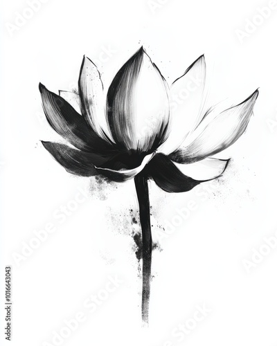 A black-and-white abstract lotus, where the petals are drawn in simple, rough strokes, creating a raw and expressive look, perfect for a minimalist design