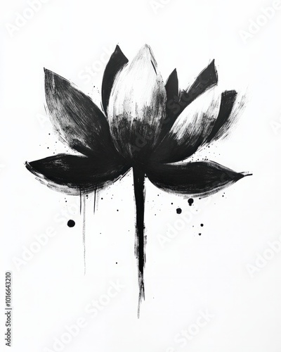 A black-and-white abstract lotus, where the petals are drawn in simple, rough strokes, creating a raw and expressive look, perfect for a minimalist design