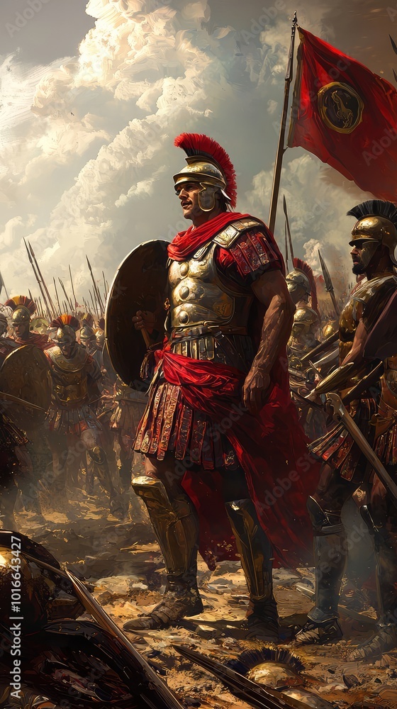 Obraz premium A majestic Roman soldier stands resolutely on the battlefield, embodying strength and honor amidst a charged atmosphere.
