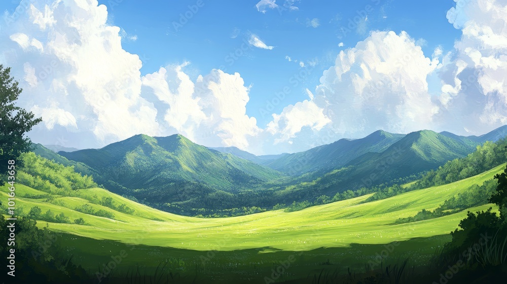 Fototapeta premium A serene landscape featuring rolling green hills, a clear blue sky, and fluffy white clouds, evoking tranquility and nature's beauty.