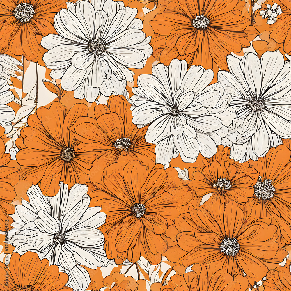 Flat marigold flowers with a minimalist design, placed on a soft orange background with light, repeating rhythm Flat marigold flowers with a minimalist design, placed on a soft orange background with light, repeating rhythm