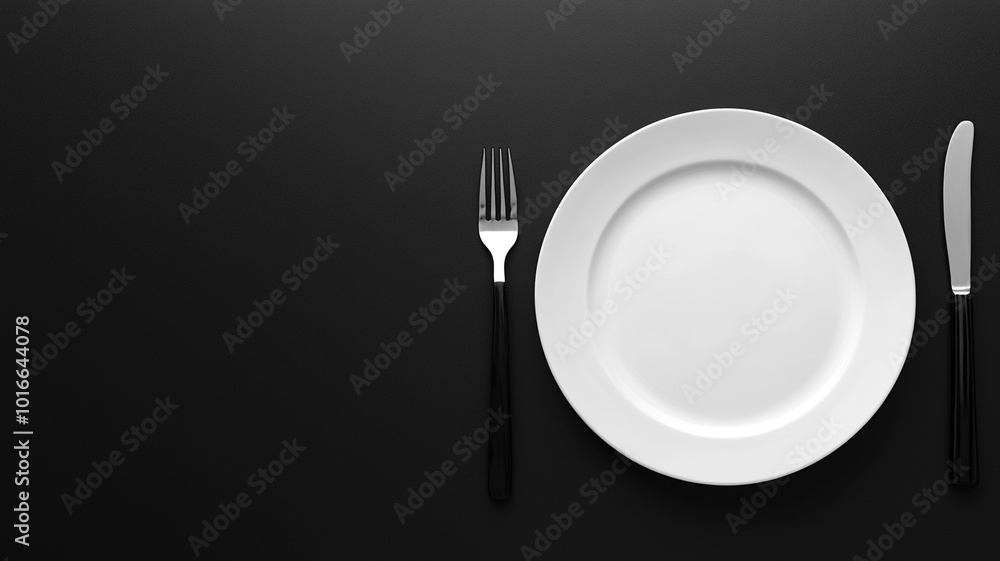 A white plate and cutlery on black background A white plate and cutlery on black background