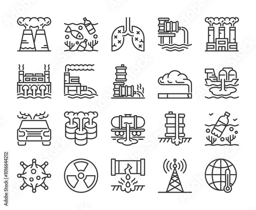 Pollution icons. Environmental pollution line icon set. Editable Stroke.