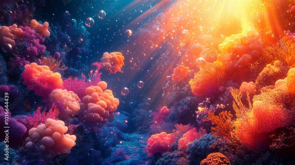 Fototapeta premium Colorful Underwater Coral Reef with Sunlight Effects