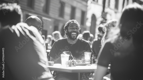 Urban Bliss - Friends Sharing a Meal at Street-side Table in Candid Moment, Laughter and City Sounds Captured in Ultra-Realistic Street Photography