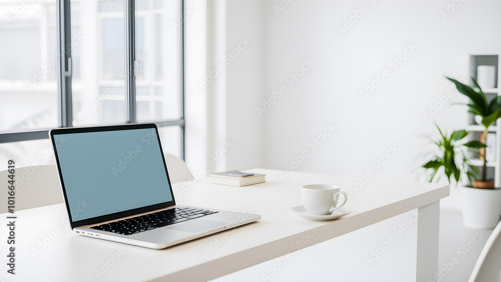 Fototapeta premium Close up of modern workplace with blank screen laptop, coffee cup and other items. Mock up