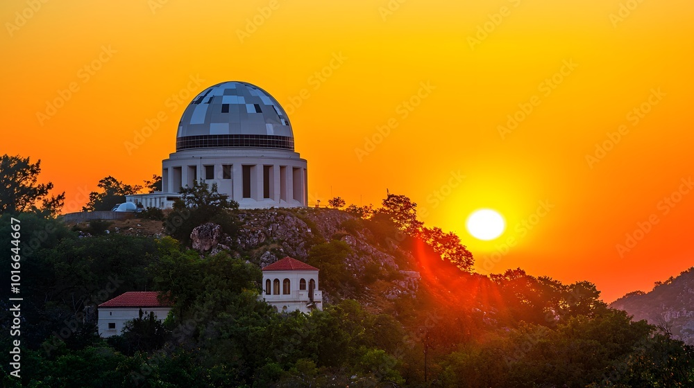 Fototapeta premium Radar Dome at Sunset: Silhouetted against a vibrant orange sky, a radar dome sits atop a hill. The geometric structure contrasts with the natural landscape, symbolizing our ability to monitor 
