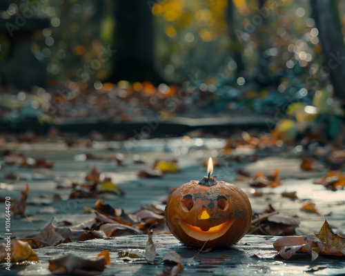 On a wooden table in an autumn park, a smiling Halloween pumpkin with a glowing lantern shines brightly. This landscape creates a unique and warm atmosphere, inviting celebration and joy.