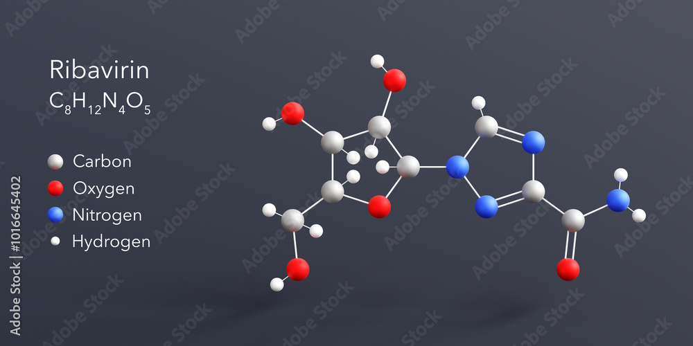 ribavirin molecule 3d rendering, flat molecular structure with chemical formula and atoms color coding ribavirin molecule 3d rendering, flat molecular structure with chemical formula and atoms color coding