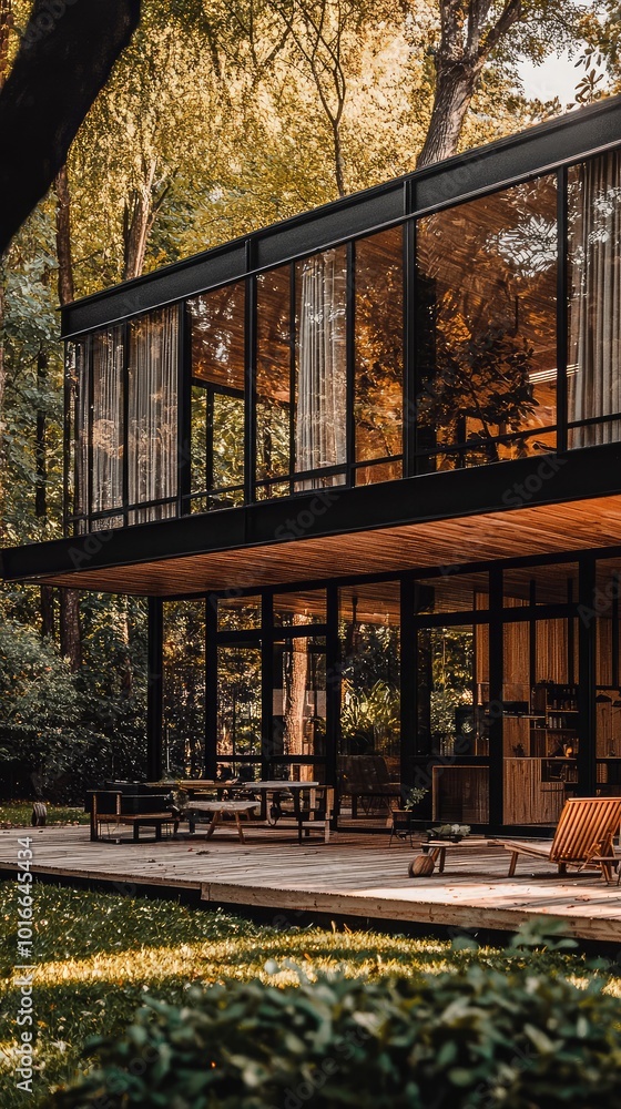 A modern house surrounded by lush greenery, featuring large glass windows and an inviting outdoor space for relaxation. A modern house surrounded by lush greenery, featuring large glass windows and an inviting outdoor space for relaxation.
