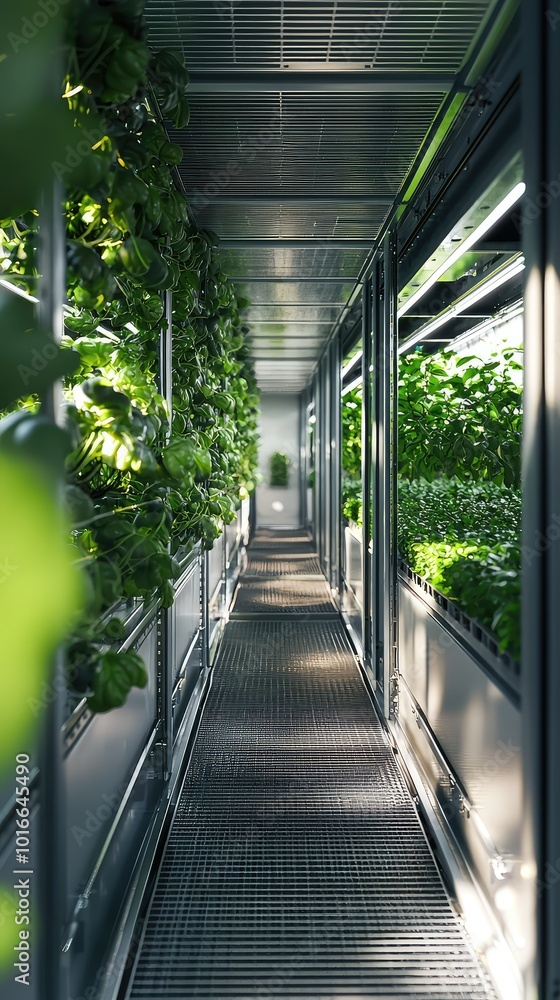 A modern indoor garden featuring rows of lush plants in a well-lit greenhouse corridor. A modern indoor garden featuring rows of lush plants in a well-lit greenhouse corridor.