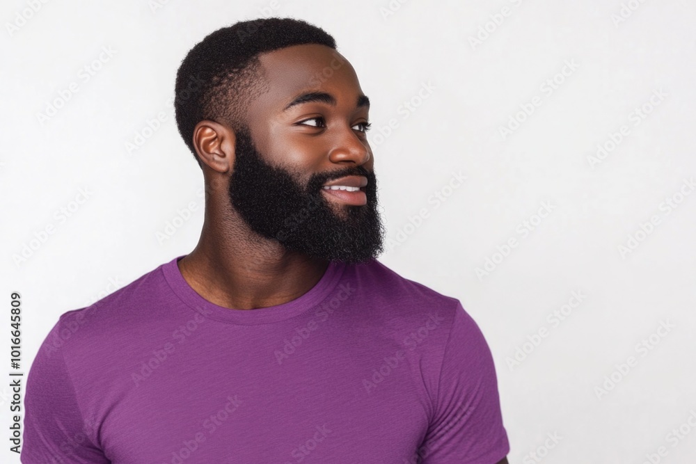 Obraz premium A person wearing a purple shirt and a beard, suitable for use in portraits or character illustrations.