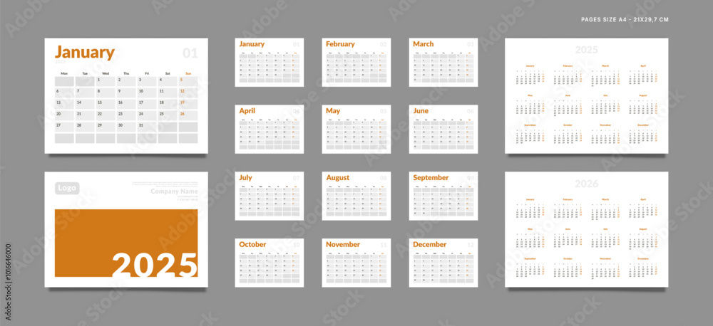 Set of 2025 Pages Monthly Calendar Planner Templates, Cover with Place for Photo, Company Logo, Annual. Design of Vector layout Calendar Pages size A4-21x29.7 cm in for print. Week start on Monday Set of 2025 Pages Monthly Calendar Planner Templates, Cover with Place for Photo, Company Logo, Annual. Design of Vector layout Calendar Pages size A4-21x29.7 cm in for print. Week start on Monday