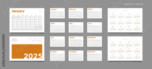 Set of 2025 Pages Monthly Calendar Planner Templates, Cover with Place for Photo, Company Logo, Annual. Design of Vector layout Calendar Pages size A4-21x29.7 cm in for print. Week start on Monday