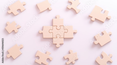 Wooden puzzle pieces scattered on white background, showcasing creativity and fun.