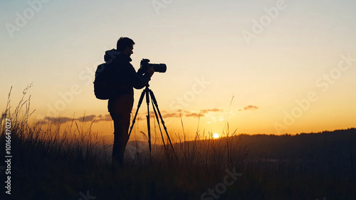 Silhouette of a photographer with a camera on a tripod at sunset.