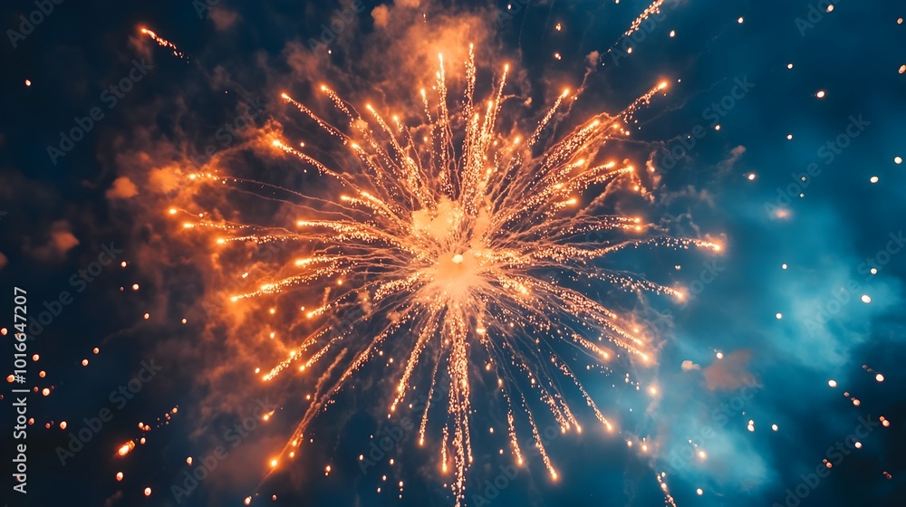 Fototapeta premium Stunning and Vibrant Fireworks Display Lighting up the Night Sky with Bright Bursts of Color and Shimmering for a Joyful New Year 2025