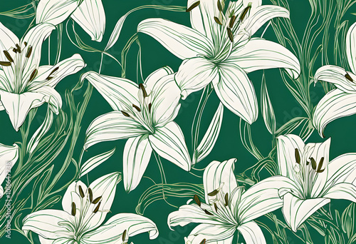 Dainty line-drawn lilies arranged in a loose, organic pattern on a rich emerald green background, evoking a sense of nature - Generative AI