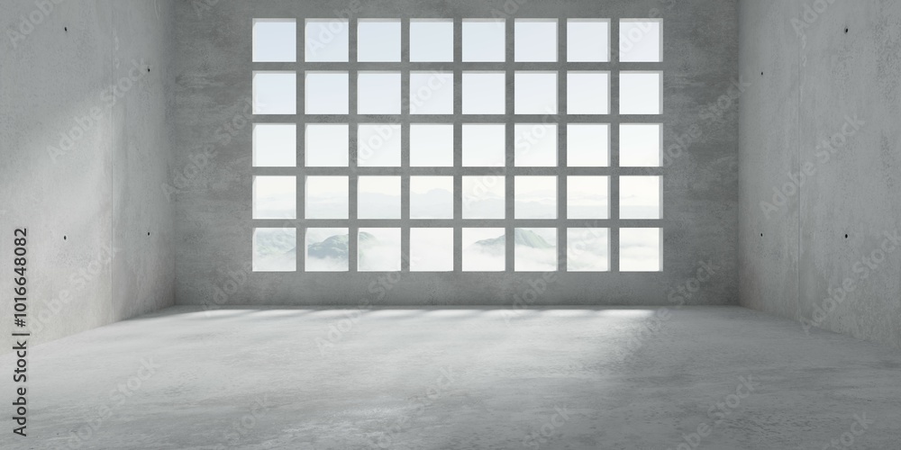 Abstract empty, modern concrete room with grid window openings in the back, rough floor and cloudy mountain view - industrial interior background template Abstract empty, modern concrete room with grid window openings in the back, rough floor and cloudy mountain view - industrial interior background template