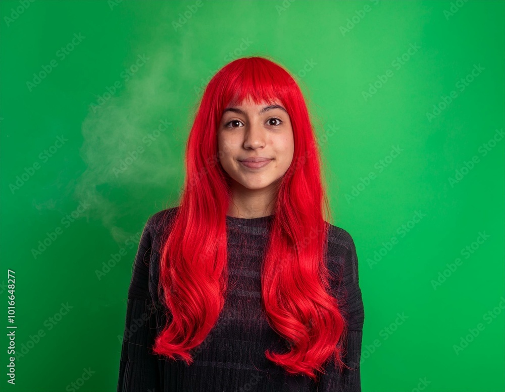 Fototapeta premium Girl with Red Smoke Hair on a flat Green Background, symbolizing creativity, fantasy, and vibrant imagination - Generative AI