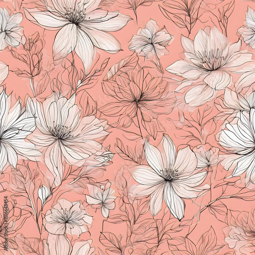 Single-line flowers, each one slightly varied, creating an organic, seamless pattern on a light coral background - Generative AI