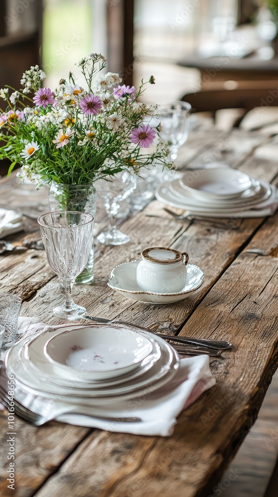 A rustic dining table set with elegant dishes and a floral centerpiece, perfect for a cozy meal or gathering. A rustic dining table set with elegant dishes and a floral centerpiece, perfect for a cozy meal or gathering.