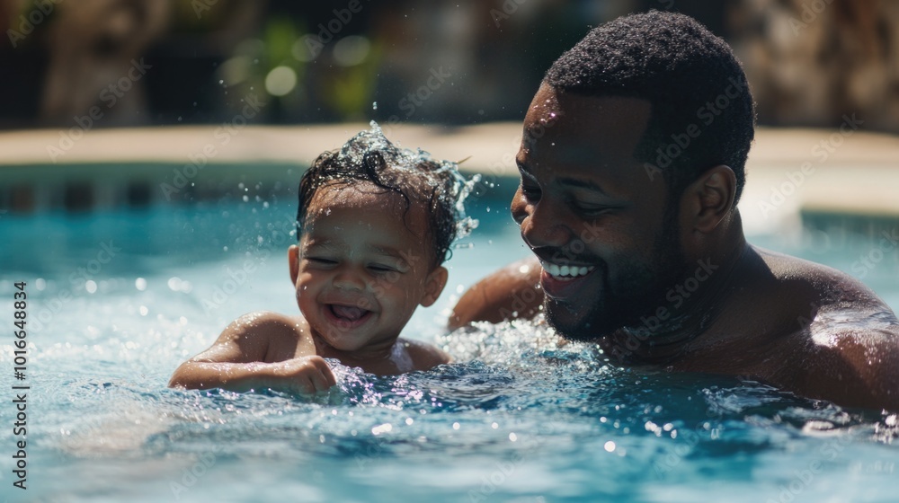 A joyful moment between a man and a child enjoying time together in a swimming pool. A joyful moment between a man and a child enjoying time together in a swimming pool.