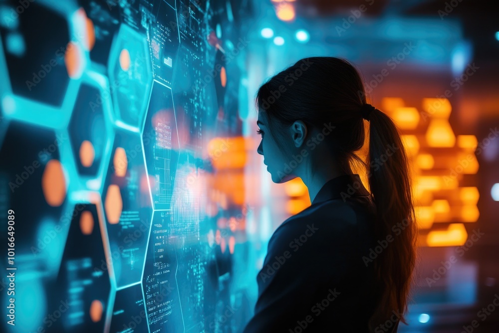 A woman stands in front of a large screen with information displayed. A woman stands in front of a large screen with information displayed.
