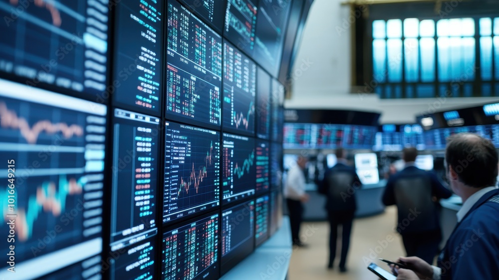 A trader analyzes stock market data on large screens, showcasing modern finance and trading technology in action. A trader analyzes stock market data on large screens, showcasing modern finance and trading technology in action.