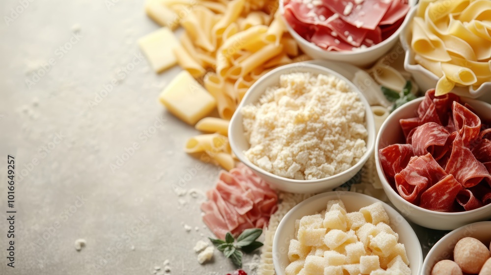 An abundant variety of pastas and complementary ingredients beautifully arranged, emphasizing rich textures and colors perfect for gourmet kitchen experiences. An abundant variety of pastas and complementary ingredients beautifully arranged, emphasizing rich textures and colors perfect for gourmet kitchen experiences.