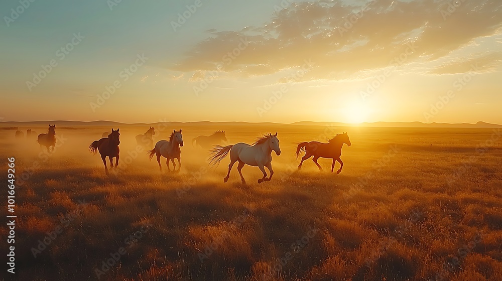 Wild Horses Running at Sunset in Golden Field Meadow Nature Freedom Equestrian Animal Wild Horses Running at Sunset in Golden Field Meadow Nature Freedom Equestrian Animal