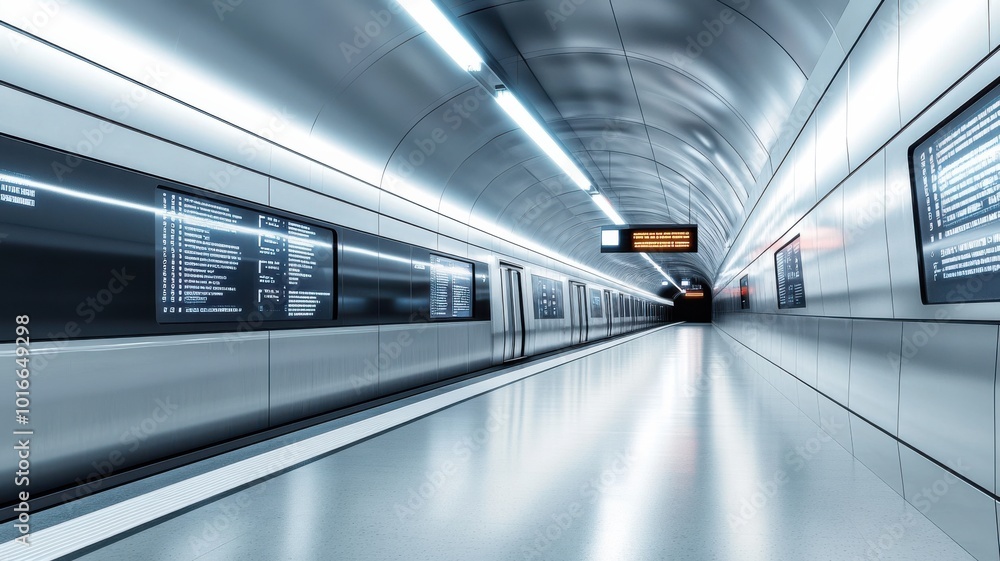 Modern subway interior with sleek design, illuminated ceiling, and digital information displays, conveying urban transportation. Modern subway interior with sleek design, illuminated ceiling, and digital information displays, conveying urban transportation.