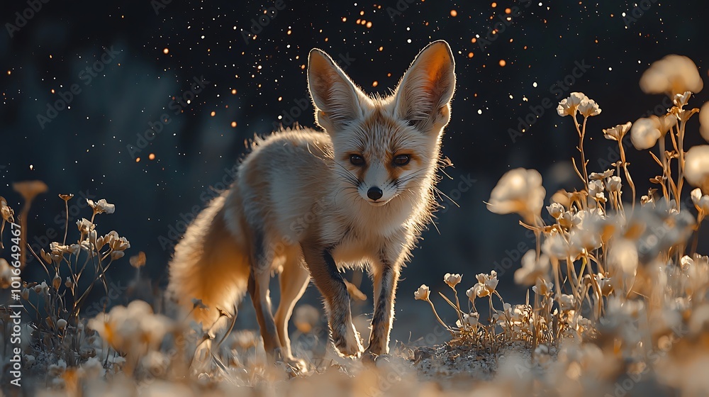 Obraz premium Fennec Fox in a Field of Flowers with a Magical Glow